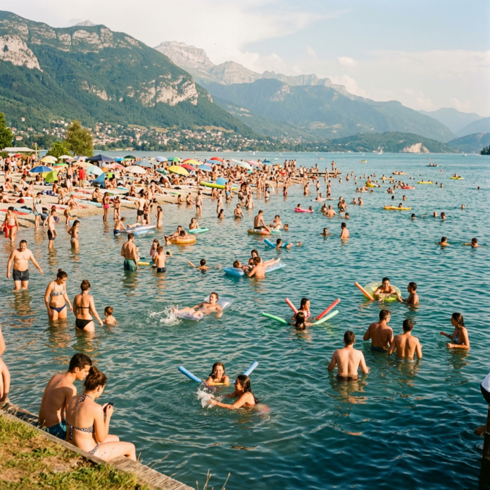 Many people swimming and relaxing at a crowded lakeside beach with mountains in the background