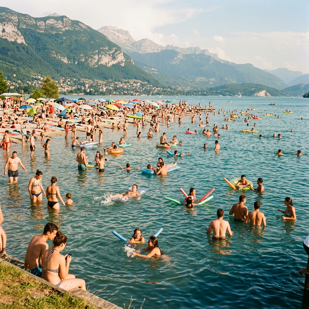 Many people swimming and relaxing at a crowded lakeside beach with mountains in the background