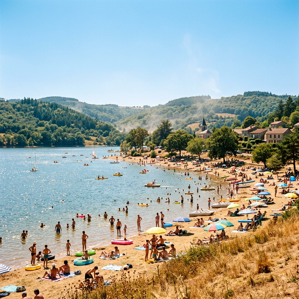 Crowded lakeside beach with swimmers, sunbathers, umbrellas, and small boats near forested hills