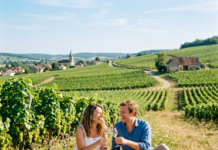 Canicule en Champagne : où se baigner en toute sécurité cet été ? Couple toasting with wine glasses on a picnic blanket in a vineyard