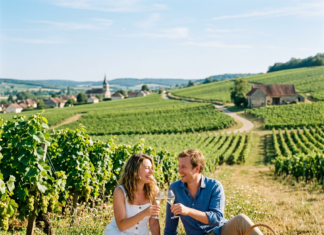 Canicule en Champagne : où se baigner en toute sécurité cet été ? Couple toasting with wine glasses on a picnic blanket in a vineyard
