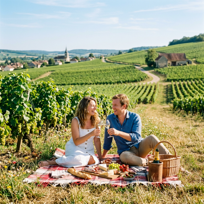 Couple toasting with wine glasses on a picnic blanket in a vineyard