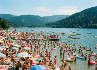 Canicule en Alsace : où se baigner en toute sécurité cet été ? Crowded lakeside beach with numerous people sunbathing, swimming, and using inflatable floats