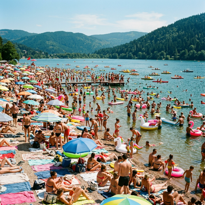 Crowded lakeside beach with numerous people sunbathing, swimming, and using inflatable floats