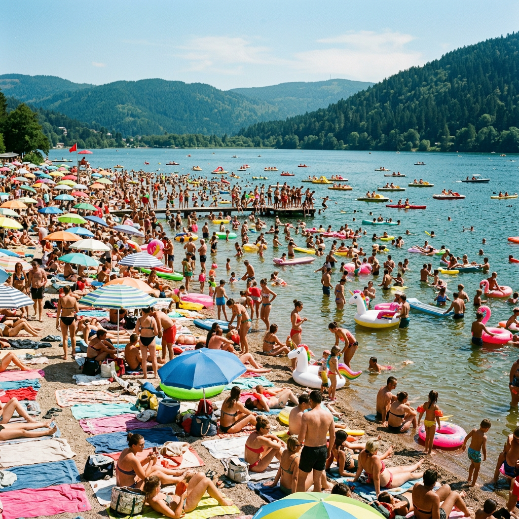 Crowded lakeside beach with numerous people sunbathing, swimming, and using inflatable floats