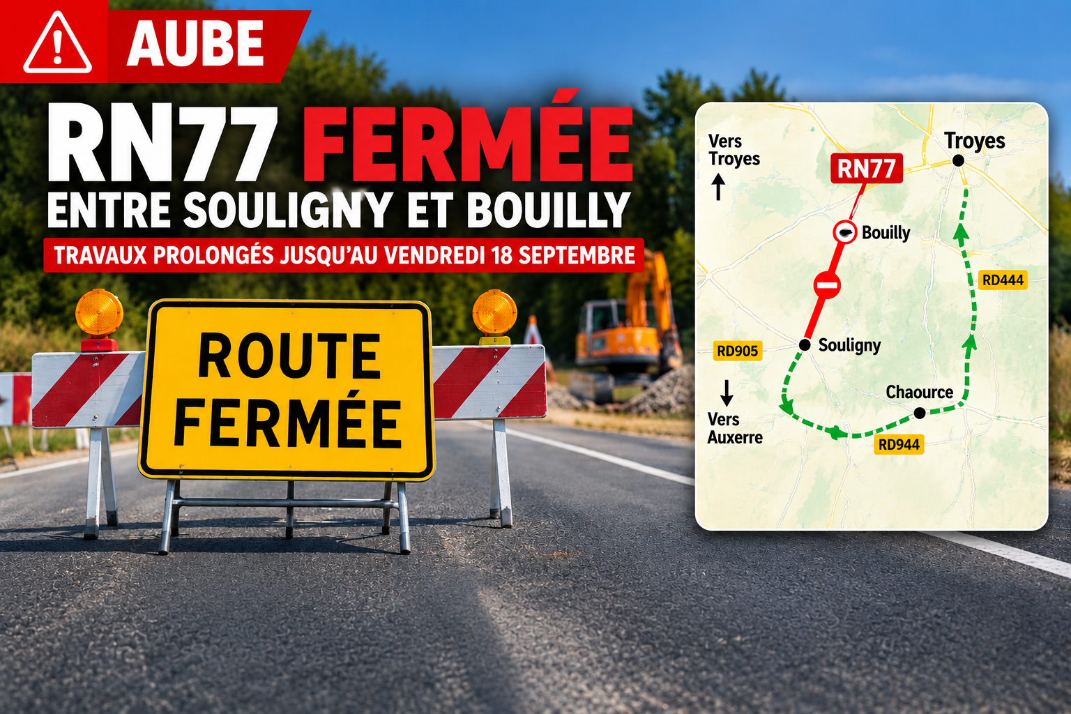 Aube : la RN77 fermée entre Souligny et Bouilly, les travaux prolongés jusqu’au 18 septembre